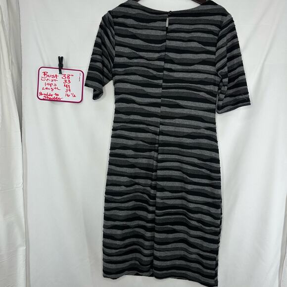Dress Barn Striped Sheath Dress Black Gray Asymmetrical Rouching 16P Whimsygoth - Picture 2 of 4